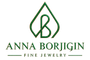 A digital logo for 'Anna Borjigin Fine Jewelry' featuring a stylized green and gold interlocking 'AB' monogram inside a diamond outline, above the brand name in green serif lettering on a solid white background.