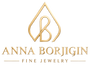 Gold logo and text reading 'ANNA BORJIGIN FINE JEWELRY' on a plain white background.