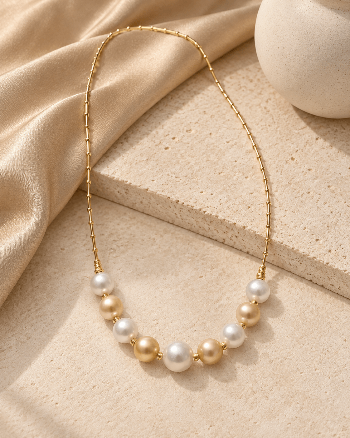 A delicate gold chain necklace featuring alternating white and champagne-gold faux pearls, styled on a beige stone block with draped satin fabric.