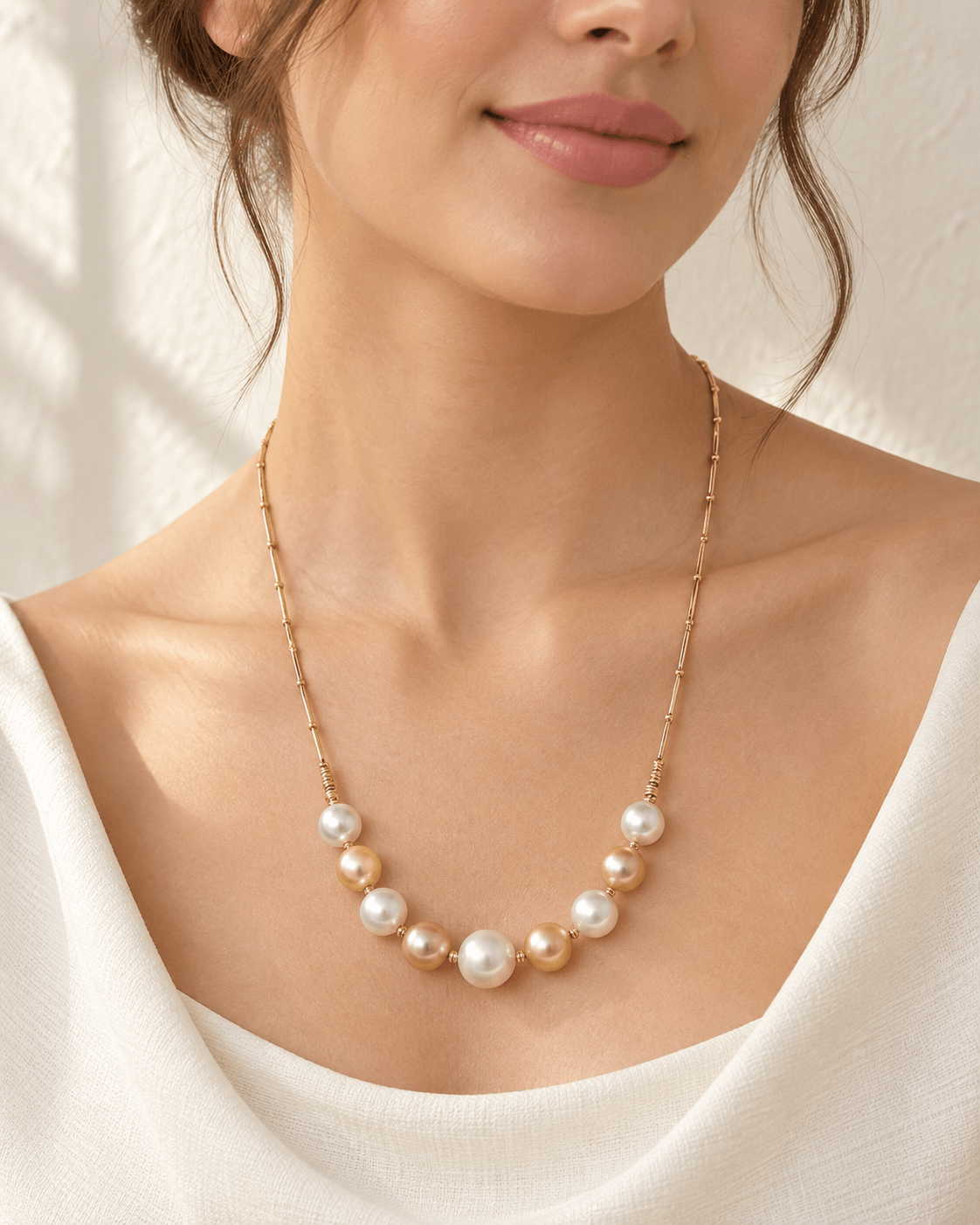 A close-up of a woman wearing a delicate gold chain necklace with a row of white and champagne-colored pearls, styled with a white draped top against a softly lit background.