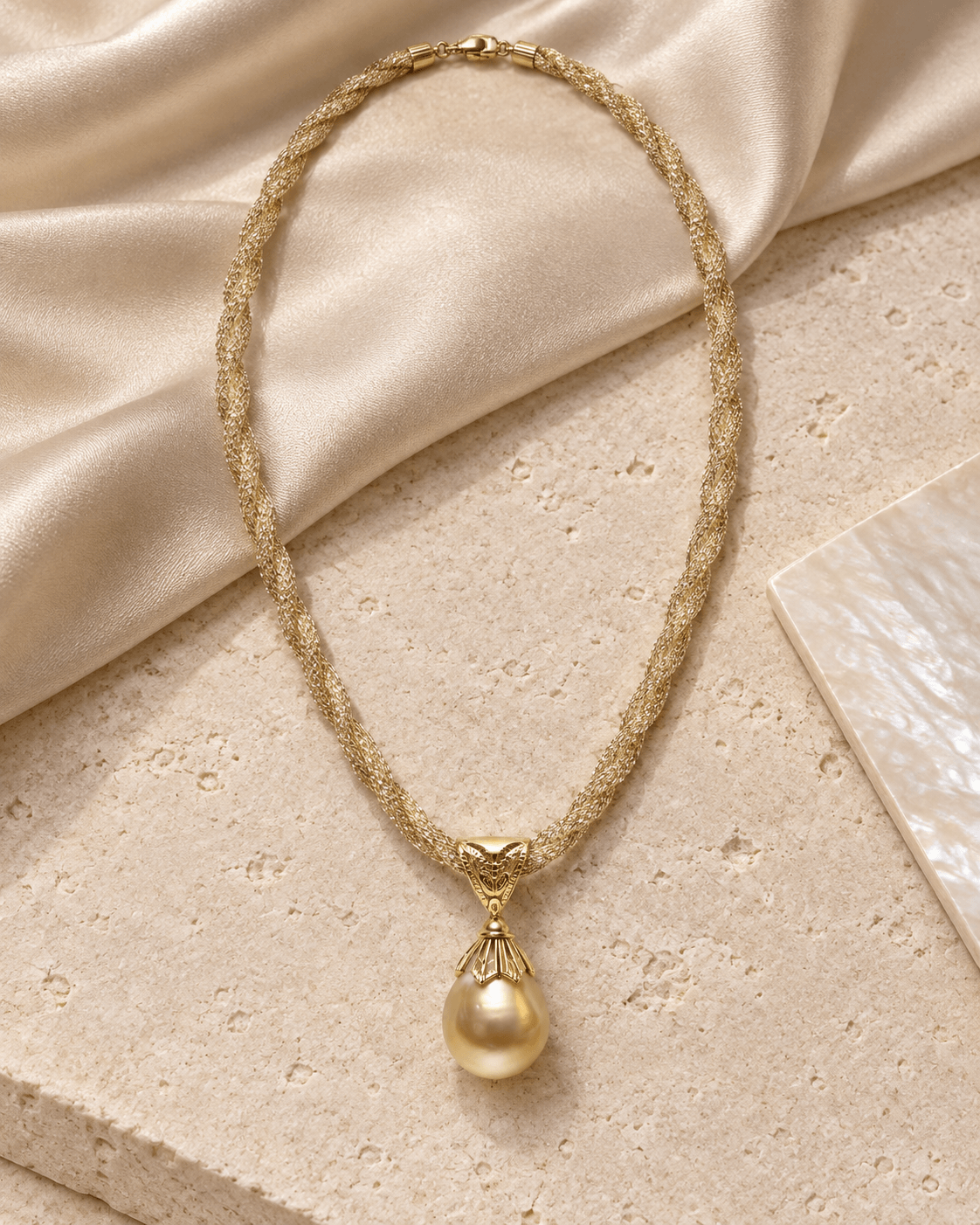 A gold chain necklace with a teardrop-shaped pearl pendant, styled on a textured beige stone surface with draped cream satin fabric.