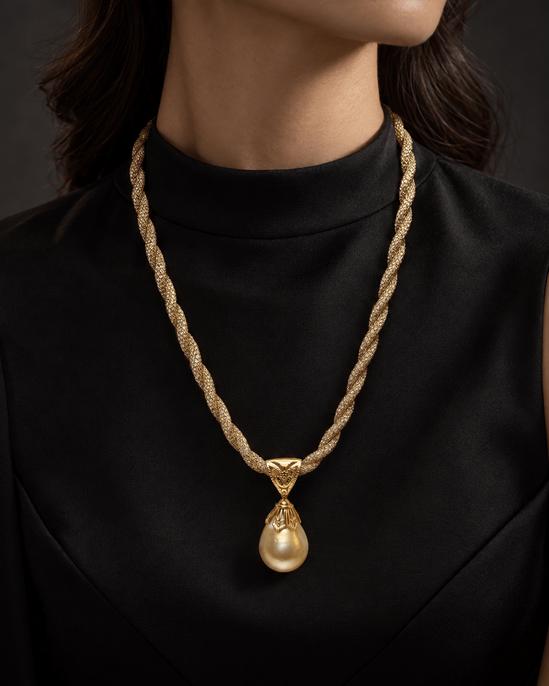 A close-up of a model wearing a gold necklace with a twisted chain and a teardrop pearl pendant, paired with a black satin top.