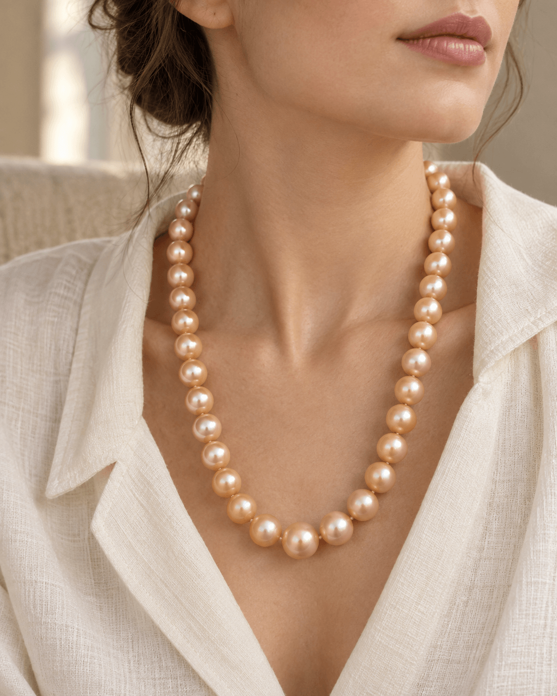 A close-up of a woman wearing a strand of large, round, light peach-beige pearls over a white linen shirt.