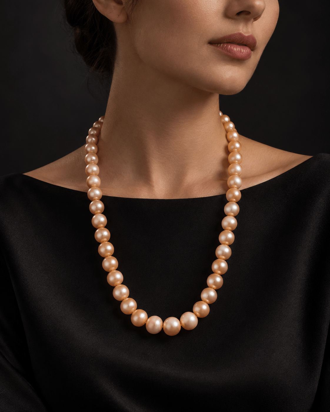 A close-up of a model wearing a classic strand of large, round freshwater pearls in a warm champagne-pink color, styled with a black satin top against a dark background.