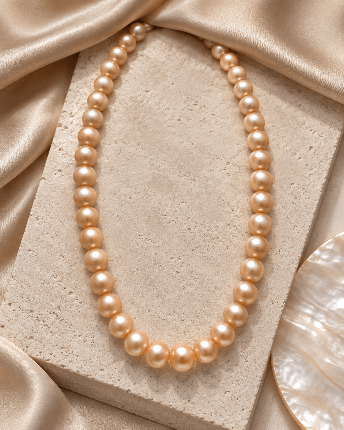 A strand of round, pale gold pearls arranged in an oval shape on a textured beige stone slab, surrounded by draped champagne-colored satin fabric.
