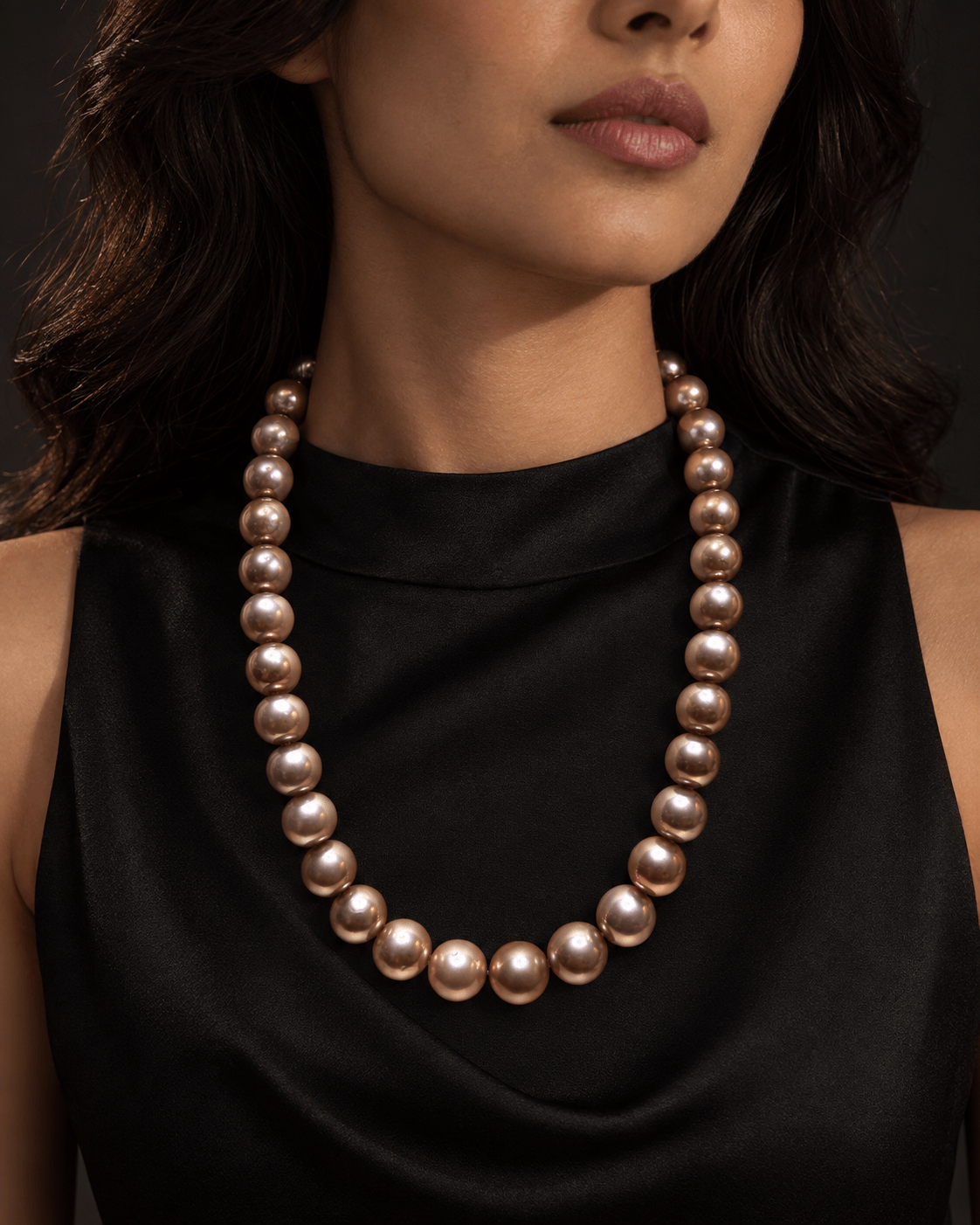 A close-up of a model wearing a classic strand of large, lustrous rose gold pearls against a black satin top.