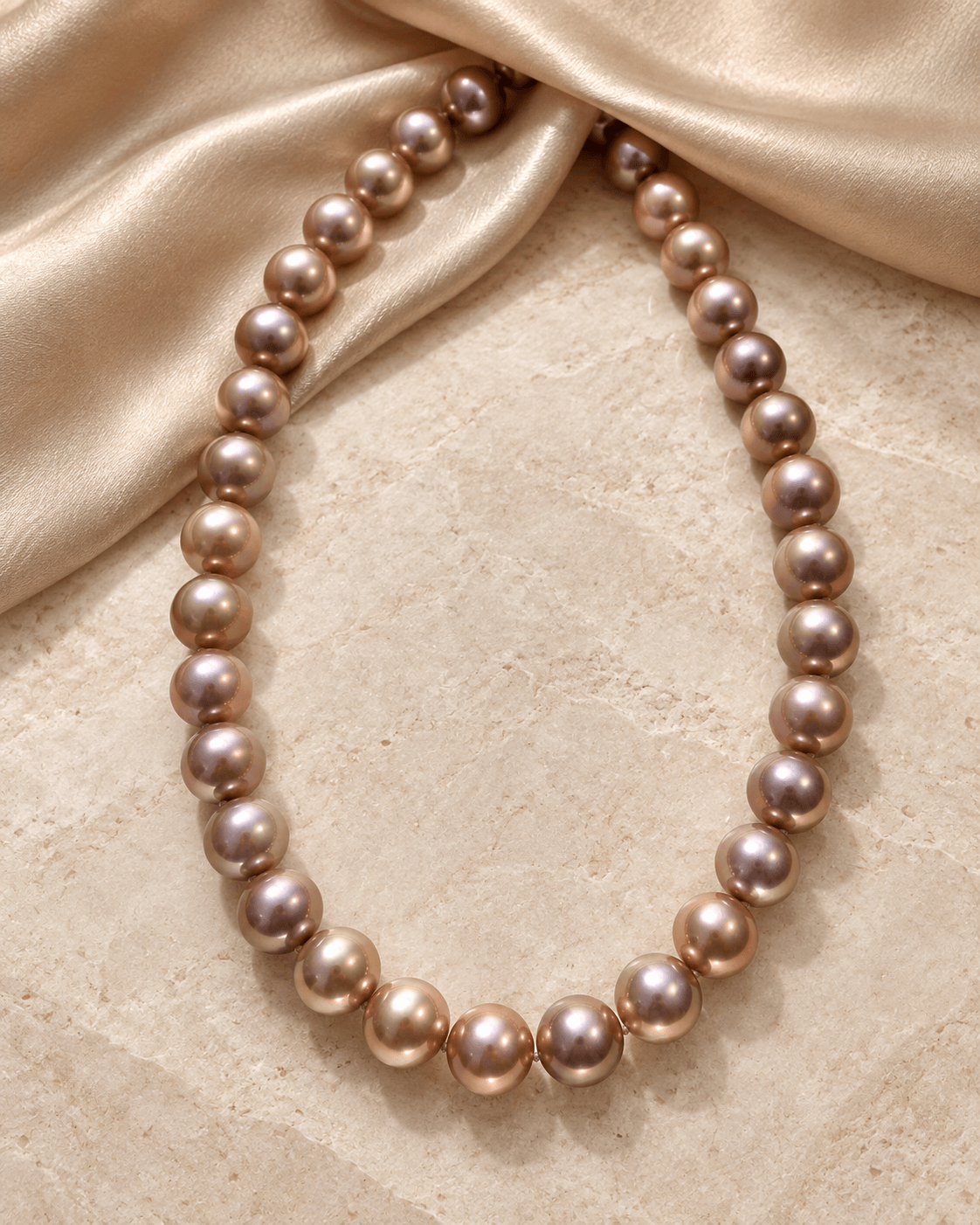 A strand of lustrous oval pearls arranged in a circle, resting on a textured beige surface with draped champagne satin fabric at the top.