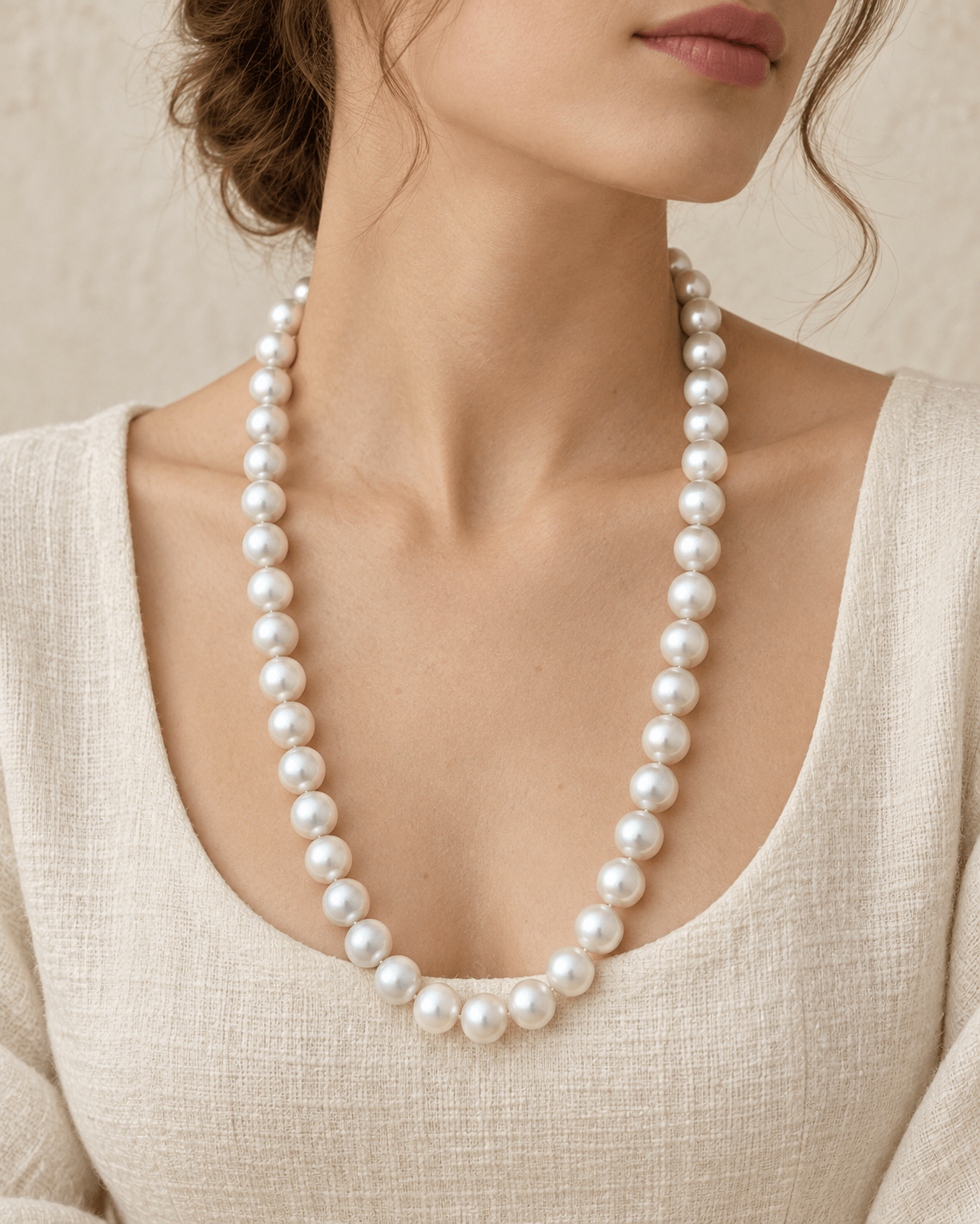 A close-up of a woman wearing a classic double-strand pearl necklace with white pearls, styled with a cream linen top against a neutral beige background.