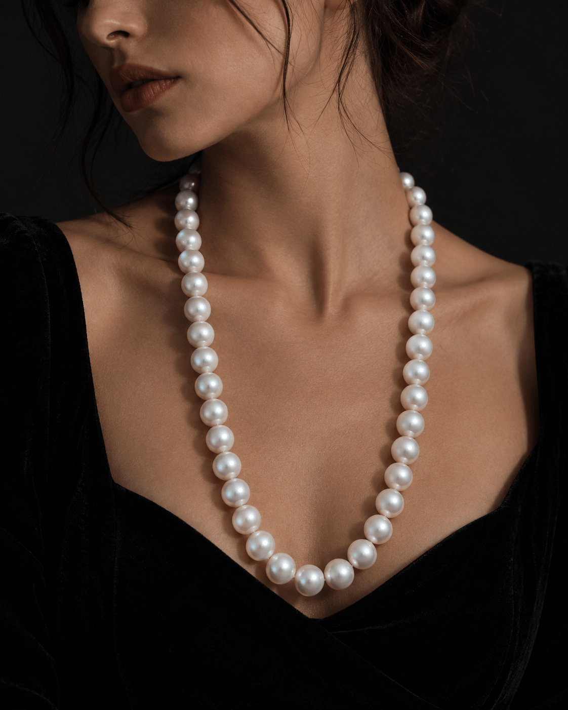 A close-up of a model wearing a classic white pearl necklace with dark brown hair and a black velvet top against a dark background.
