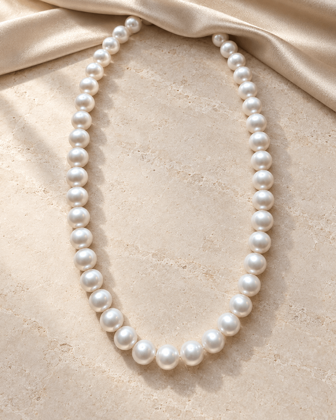 A classic strand of white freshwater pearl necklace arranged in an oval shape on a textured beige stone surface with draped champagne silk fabric in the background.