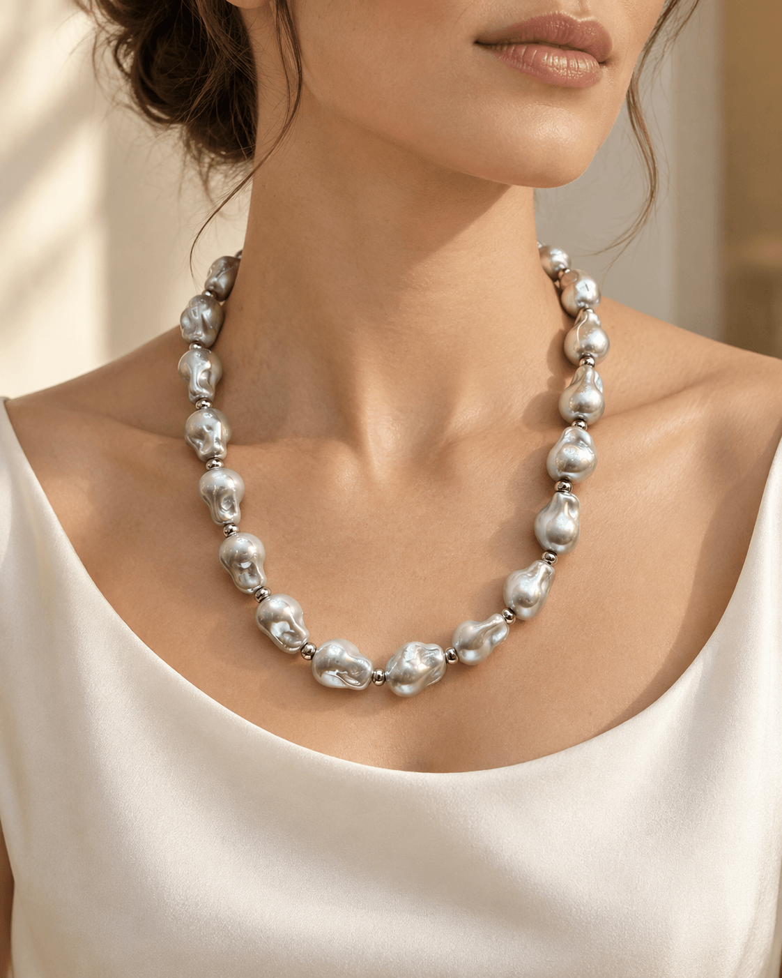A close-up of a woman wearing a chunky baroque pearl necklace with silver-toned metal spacers, paired with a white satin top.