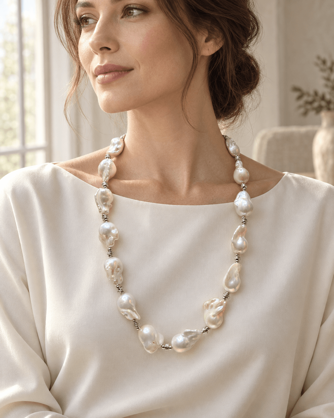 A woman wearing a long baroque pearl necklace with silver spacer beads, styled with a cream-colored top in a softly lit indoor setting.