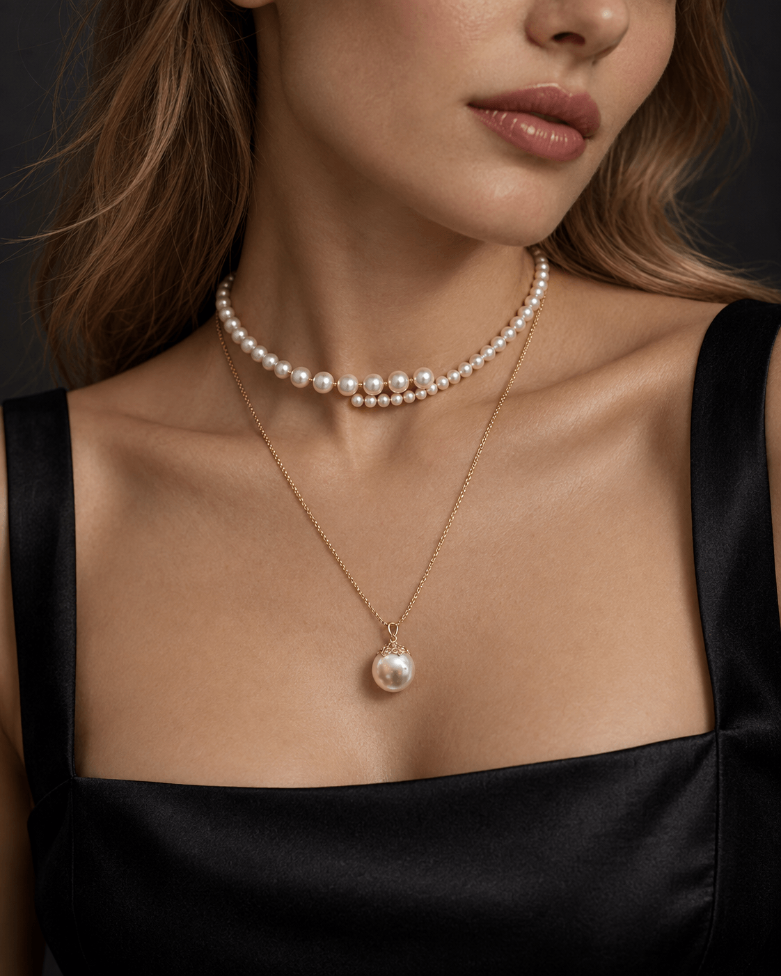 A close-up of a model wearing a double-strand pearl choker necklace and a gold chain necklace with a single large pearl pendant, paired with a black satin top against a dark background.