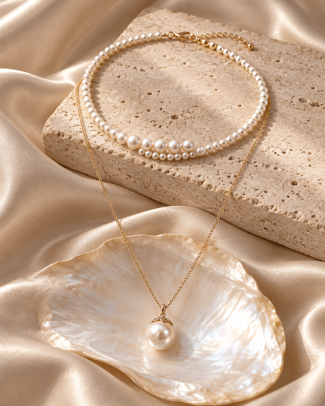 A gold necklace with a single white pearl pendant displayed on a mother-of-pearl shell, alongside a matching pearl strand necklace on a stone slab, set against a draped champagne satin background.
