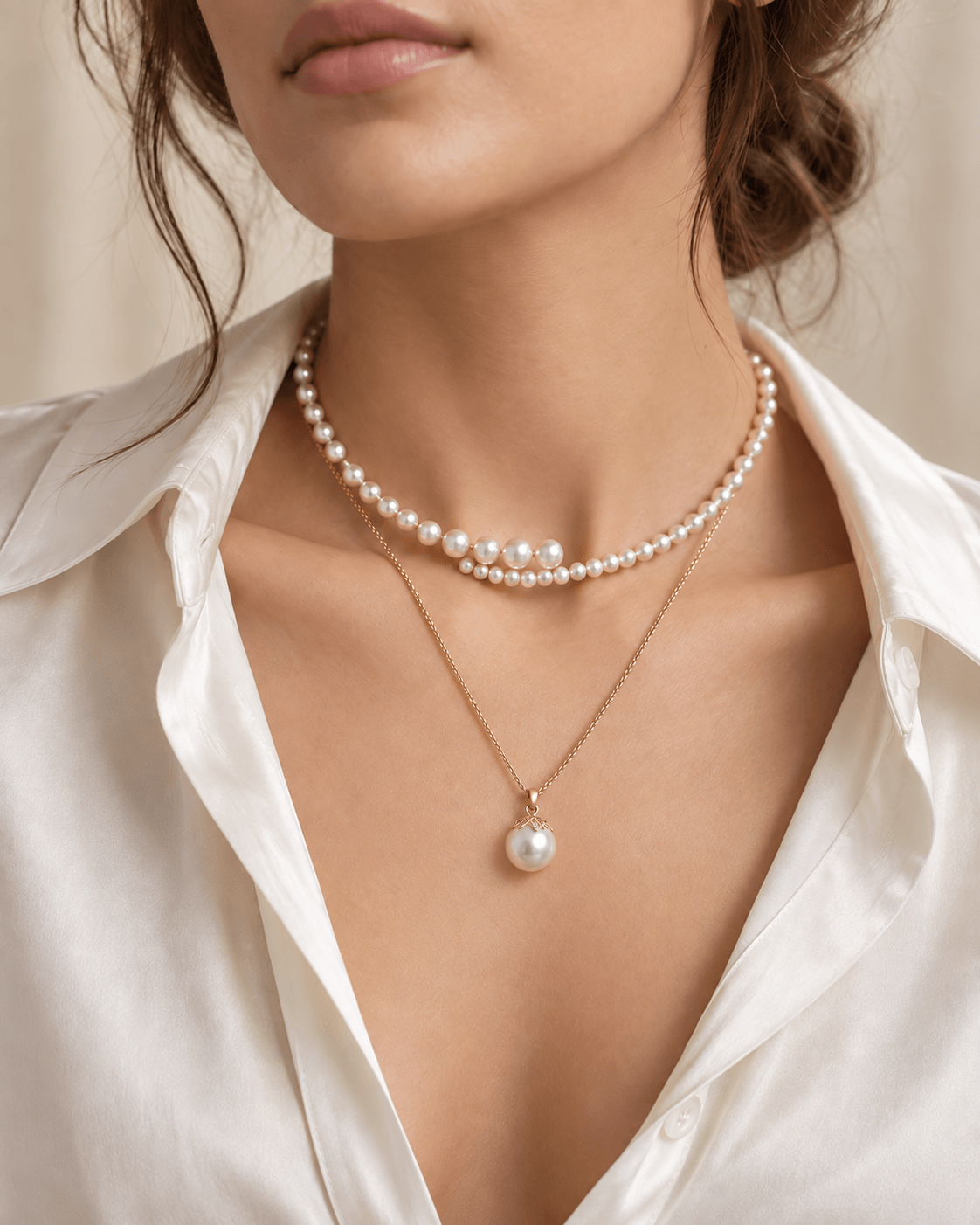 Long gold-tone station necklace with rose and lavender pearls