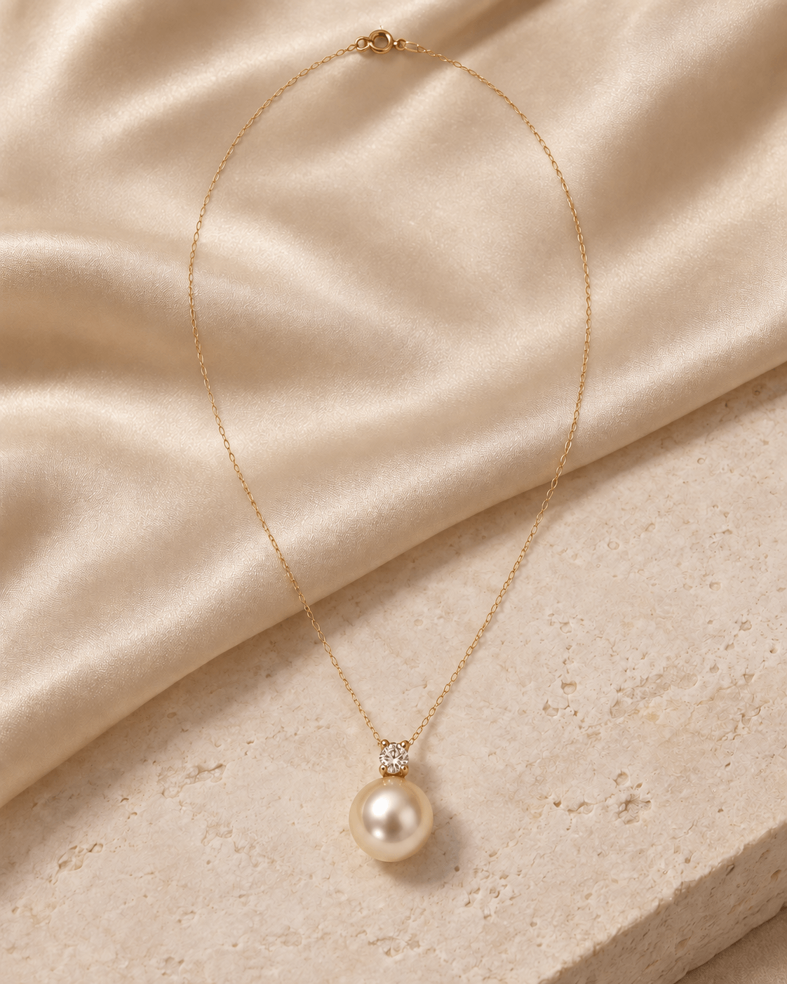 A delicate gold chain necklace featuring a single lustrous pearl pendant, styled on draped champagne-colored satin fabric over a textured stone surface.