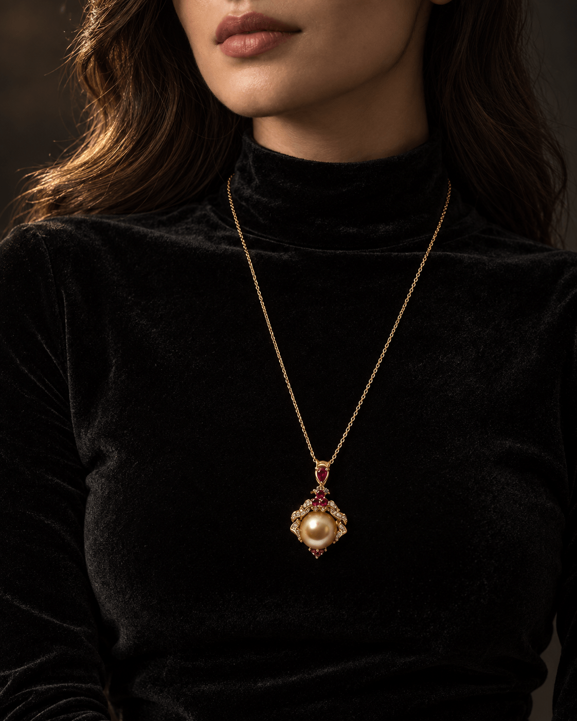 A close-up of a model wearing a black velvet turtleneck and a delicate gold pendant necklace. The pendant features a large cream-colored pearl surrounded by small red gemstones and gold detailing.