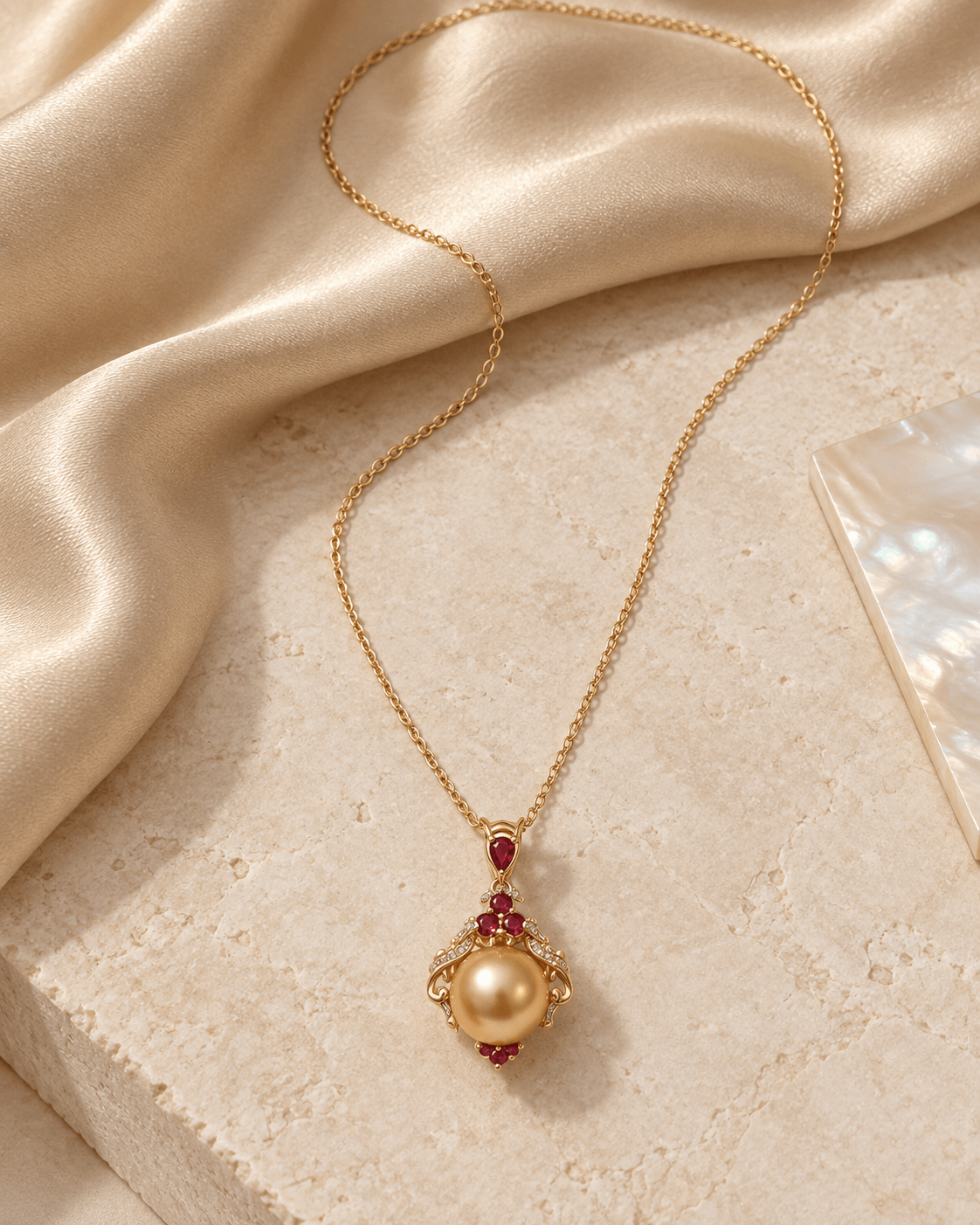 A gold chain necklace with a pearl pendant accented by small red gemstones and clear crystals, styled on draped champagne silk fabric over a textured beige stone surface.