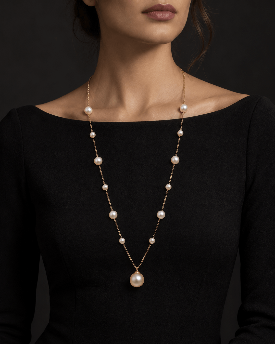A close-up of a model wearing a delicate gold chain necklace with evenly spaced white pearls and a larger pearl pendant at the center, styled with a black top against a dark background.
