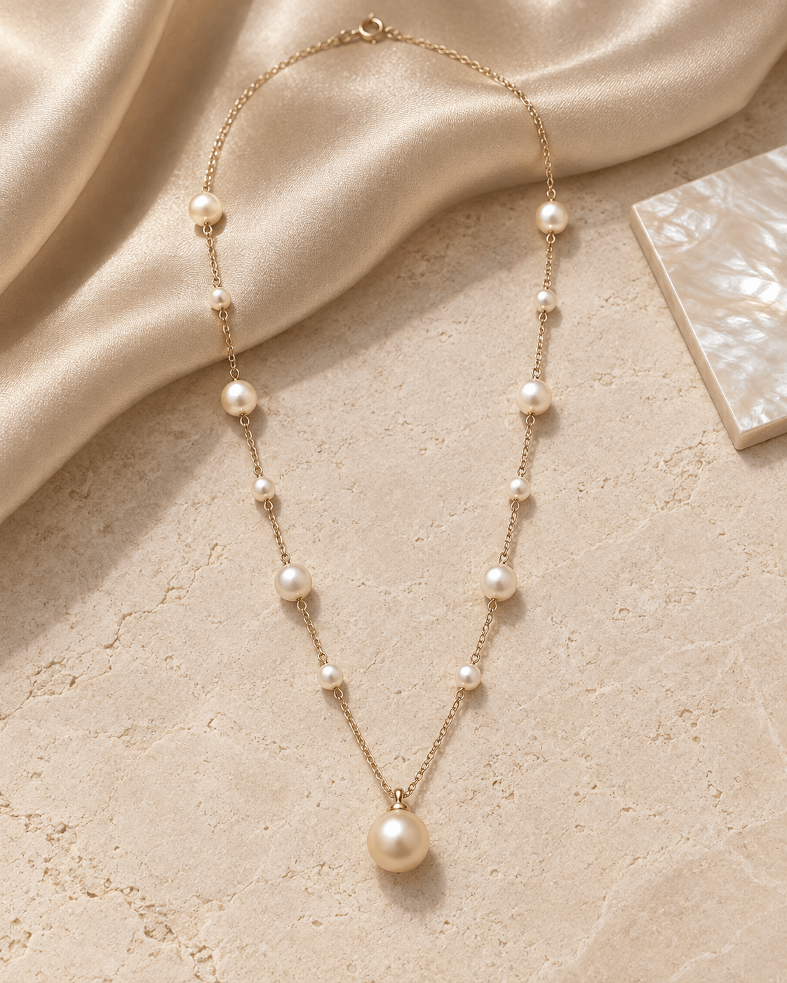 A gold chain necklace with multiple small white pearls and one larger teardrop pearl pendant, styled on a beige stone surface with draped champagne satin fabric.