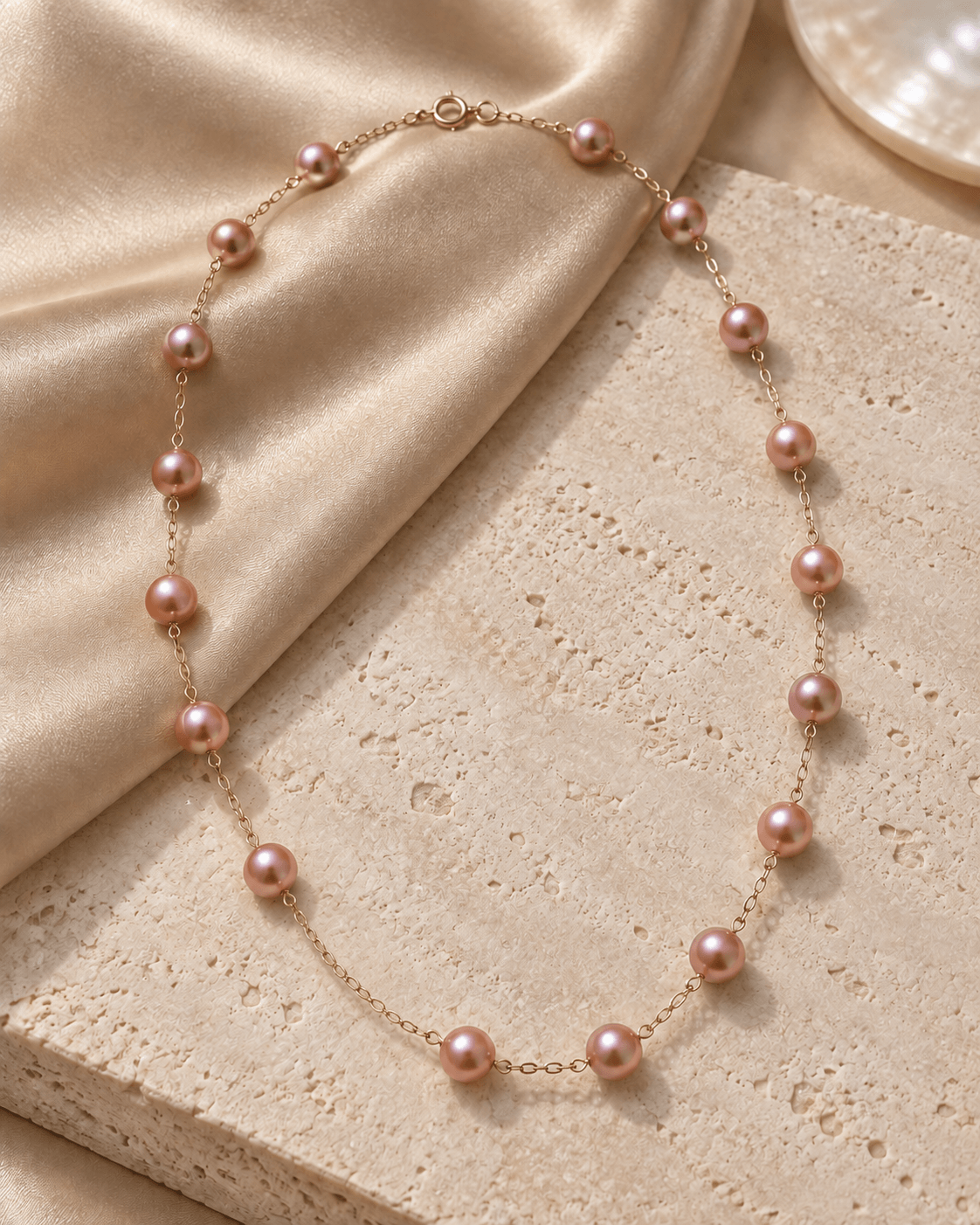 A delicate gold chain necklace featuring evenly spaced, round pinkish-golden pearls, styled on a textured beige stone slab with draped champagne satin fabric.