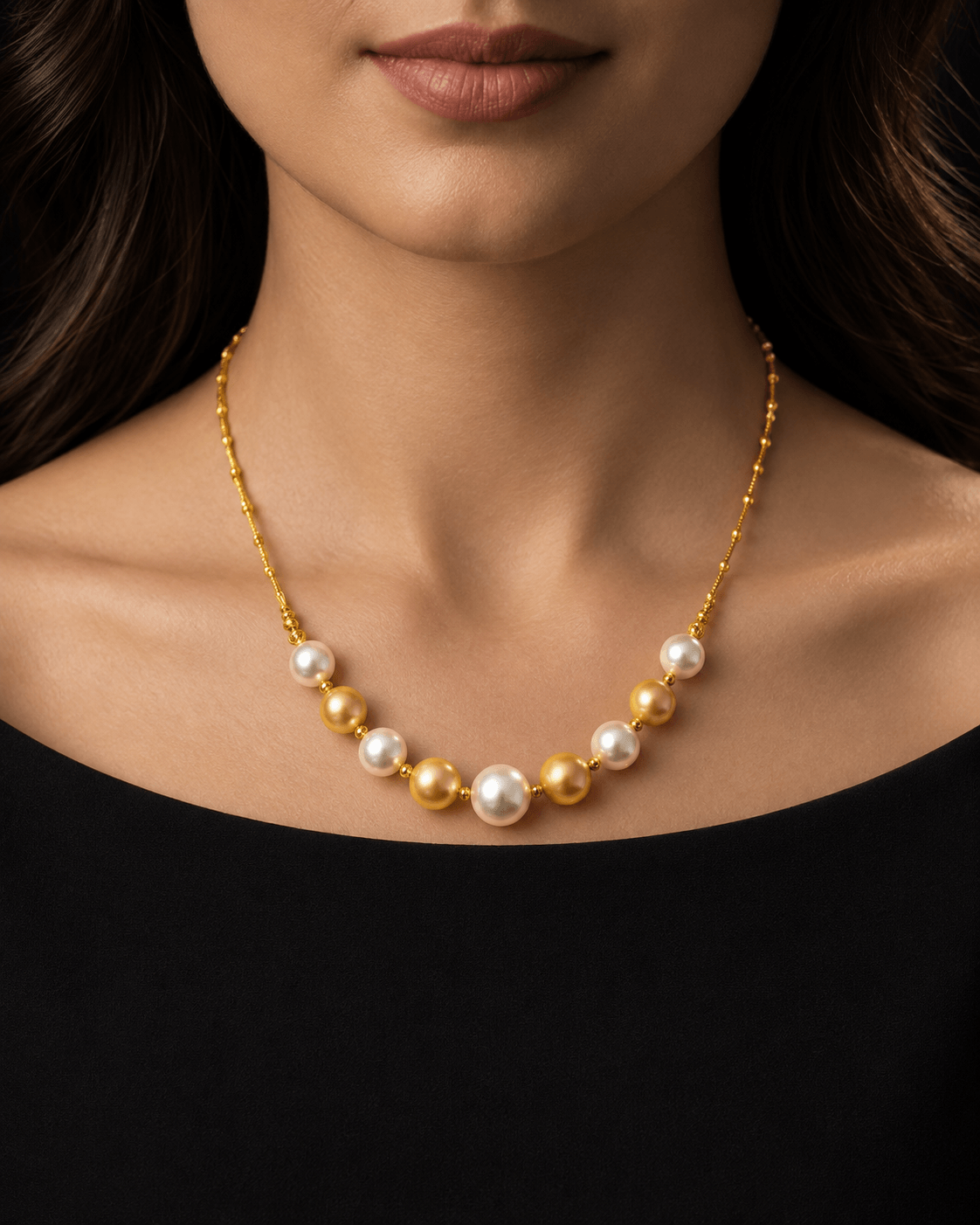 A close-up of a model wearing a gold and pearl necklace. The necklace features a gold chain with alternating white and gold round pearls at the center, styled against a black top.