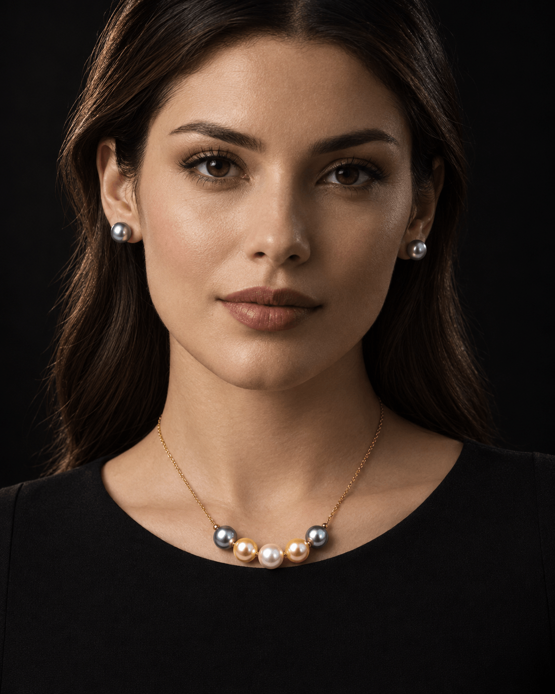 Model wearing the Anna Borjigin gold chain pearl necklace featuring Tahitian grey, golden, and white pearls with matching grey pearl stud earrings.