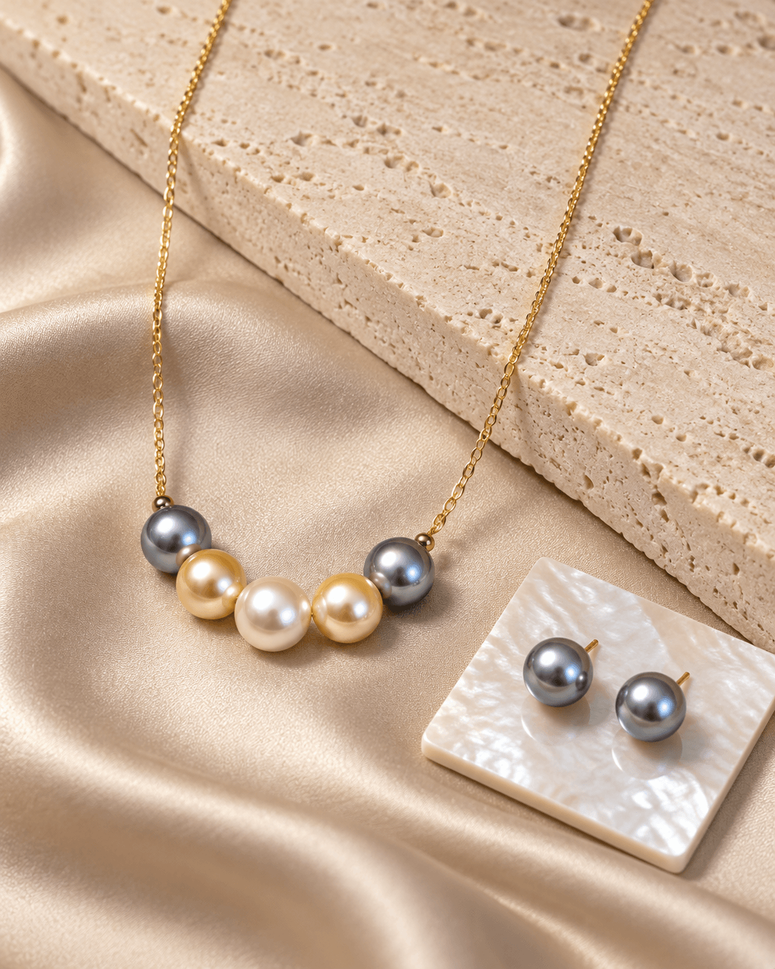Anna Borjigin gold chain pearl necklace featuring Tahitian grey, golden, and white pearls with matching grey pearl stud earrings.