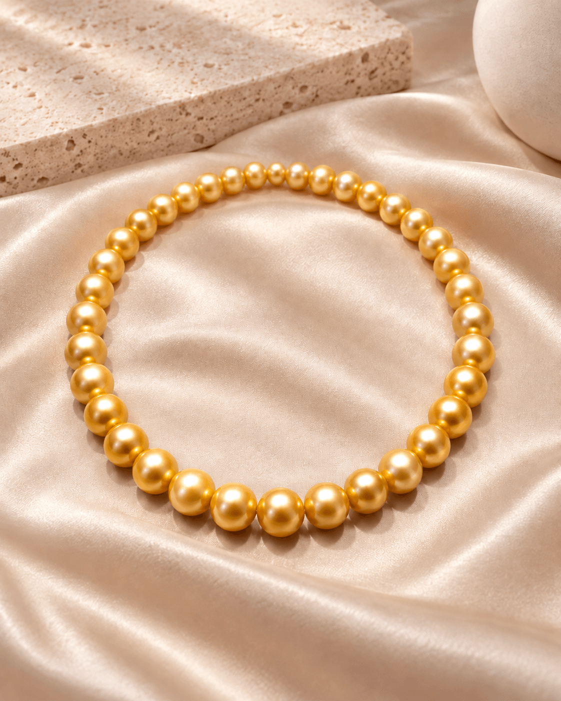 A strand of round, lustrous gold-toned beads arranged in a circle on draped satin fabric, with a stone prop in the upper left corner.
