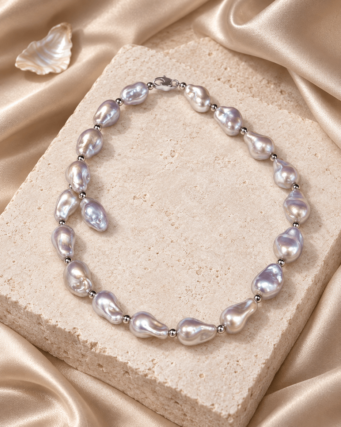 A baroque pearl necklace with silver-toned spacers, displayed on a textured beige stone block with draped champagne satin fabric and a small seashell prop.